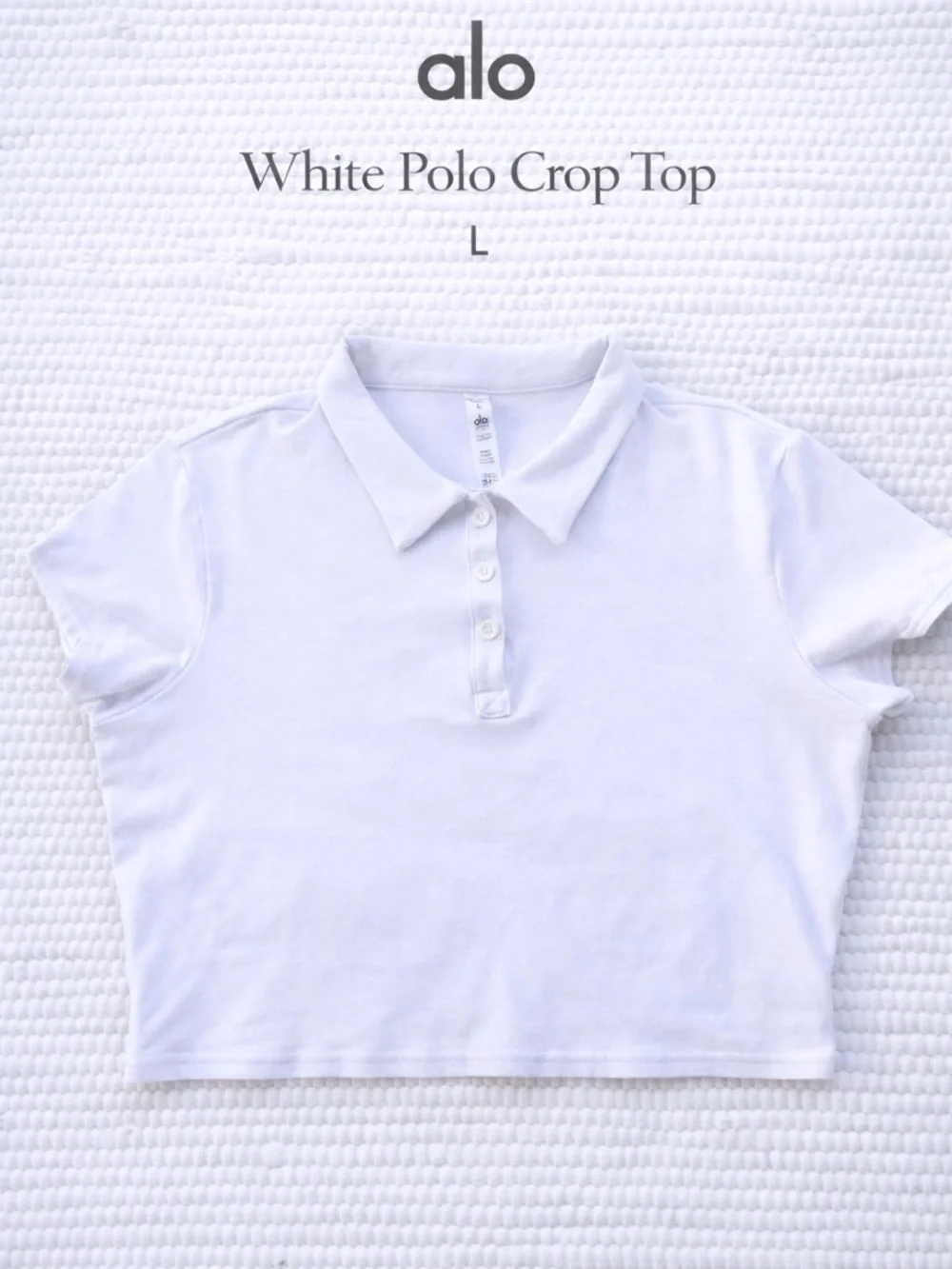 Alo Yoga White Polo Crop Top L Athletic Tennis Golf Minimal Chic